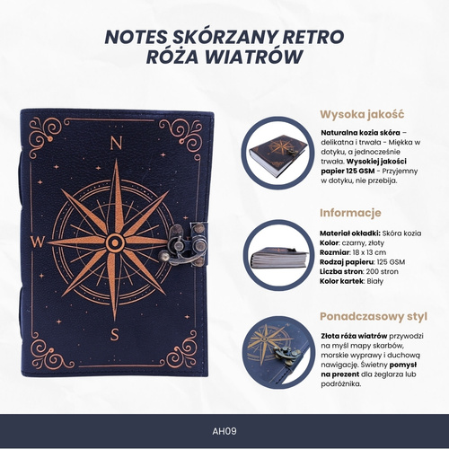 Notatnik Skórzany Retro – Dziennik Złota Róża Wiatrów